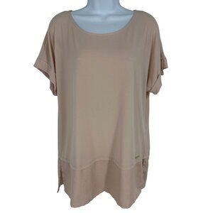 Calvin Klein Womens Short Sleeve Blouse With Layered Hem & Metal Logo Size M